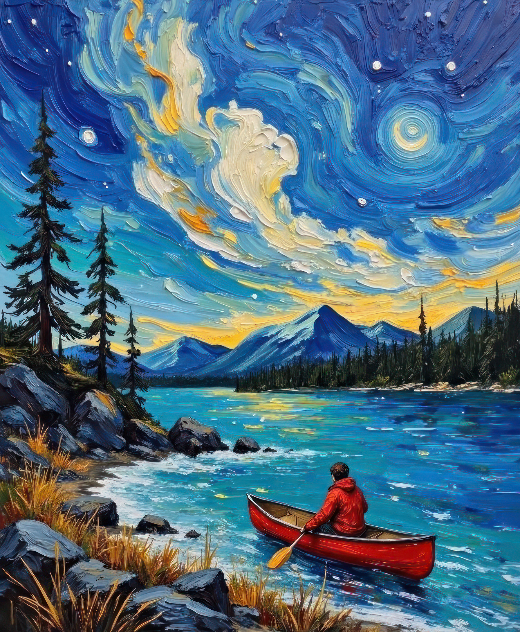 Person in a red canoe on a lake under a starry night sky with mountains and trees.