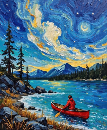 Person in a red canoe on a lake under a starry night sky with mountains and trees.