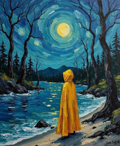 Solitary figure moonlit river forest nocturne - plain canvas print